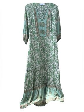 Boho Mint Green Paisley Maxi Dress with V-Neck